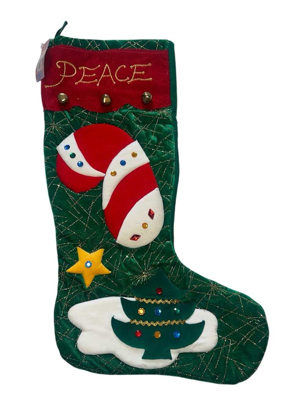 Vintage Y2K Felt Green Christmas Stocking with Jingle Bells NOS